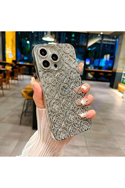 Goldie Case İPhone 13 / 14 Uyumlu Işıltılı Taşlı Yonca Yıldız Desenli Darbe E...