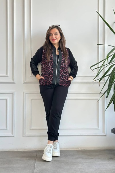 Yağmur Butik Leopar Detaylı Fermuarlı Eşofman Takımı