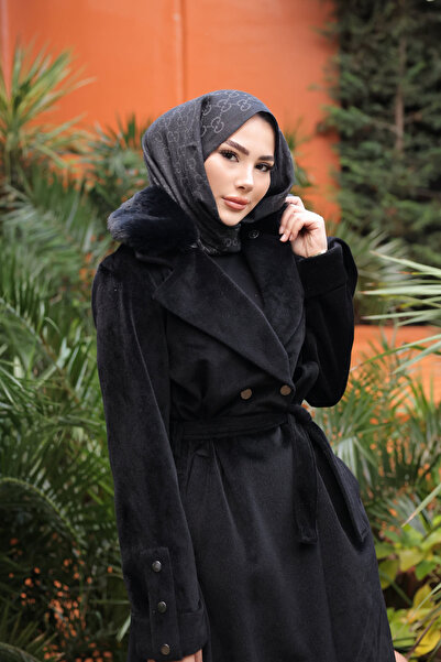 İmajButik Black Collar Fur Angora Coat