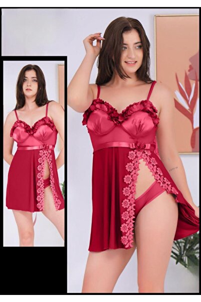 Nice Model Satin Babydoll Lingerie Floral Lace Trim Underwire Cups Matching Panty Set Romantic Nightwear