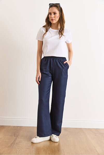 Olalook Жіночі темно-сині штани з поясом, кишенями, ефектом вовни та широкими штанинами PNT-19000383