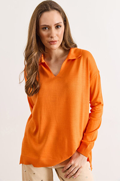 Olalook Women's Orange Polo Neck Basic Knit Sweater Kzk-19000871
