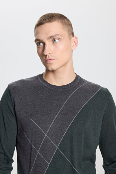 ALTINYILDIZ CLASSICS Πλεκτό πουλόβερ με στάνταρ εφαρμογή, κανονική εφαρμογή, με λαιμόκοψη και σχέδιο, από μάλλινο χακί-γκρι