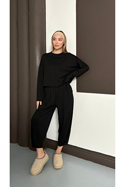 mielva Set de trening negru supradimensionat pentru femei, model confortabil ...