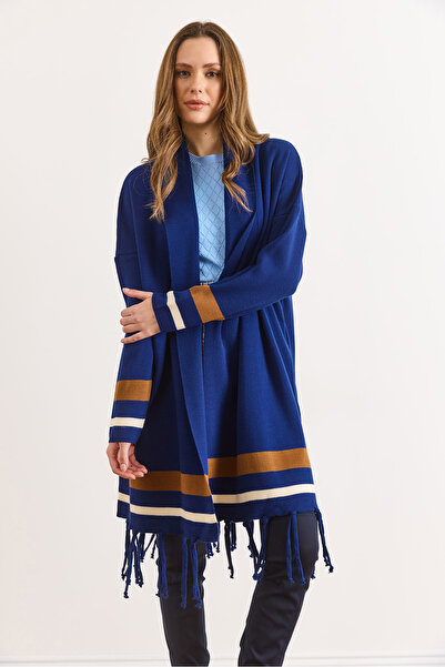 Olalook Women's Navy Blue Fringed Slit Shawl Collar Knitwear Cardigan Hrk-19000447