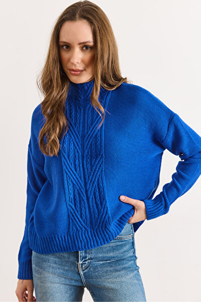 Olalook Women's Cobalt Blue Mock Neck Mid-Hair Braided Knitwear Sweater Kzk-19000912