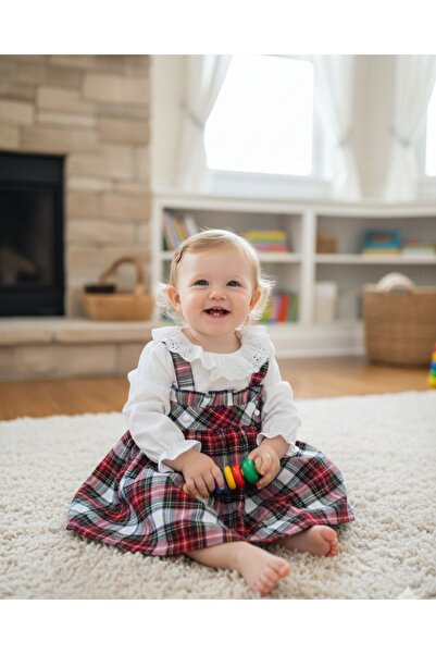 My Lusa Baby Defne 2 Series Girls' Plaid Dress – Cotton Ruffled Collar Baby Dress 9-24 Months