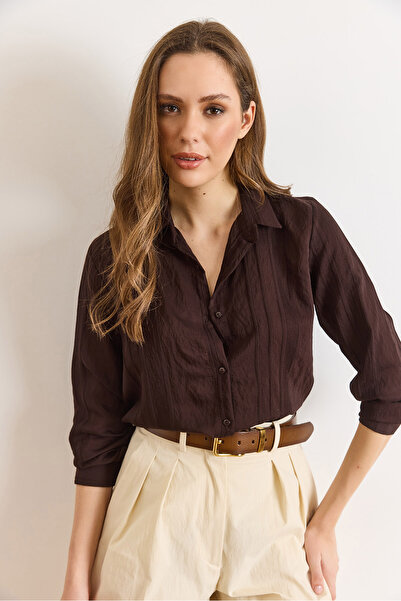 Olalook Γυναικείο πουκάμισο Bitter Brown Geometric ριγέ Flowy GML-19001335