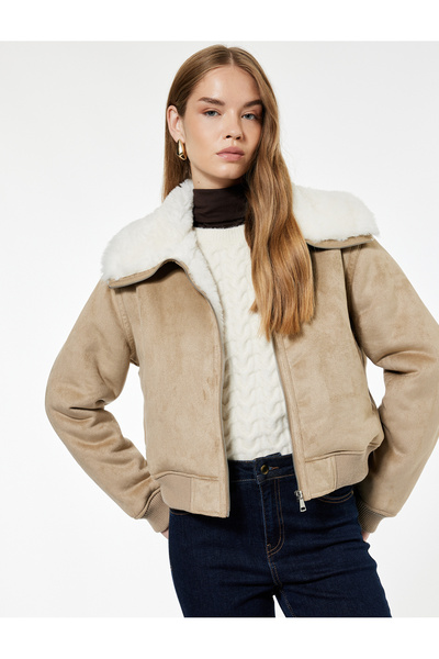 Koton Bonded Coat with Suede Look, Long Sleeves, Pockets, Plush Lining Inside