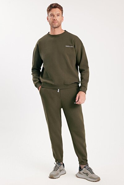 Tudors Ανδρικό σετ αθλητικής φόρμας Relax Fit από βαμβακερό 3 νήματα με μαλακή υφή με φλις εσωτερικά και λαιμόκοψη χακί