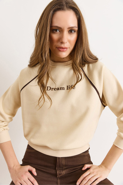 Olalook Γυναικείο μπλουζάκι μπεζ με μανίκια ρεγκλάν διακοσμητικό ρέλι επένδυση fleece SWT-19000790