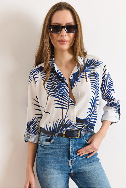 Olalook Жіноча сорочка з синім візерунком та складеними рукавами з віскози GML-19001403