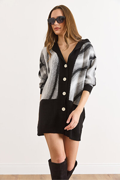 Olalook Women's Black Hooded Beard Detailed Long Buttoned Cardigan Hrk-19000448