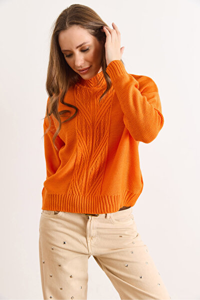 Olalook Pulover tricotat cu împletitură de păr portocaliu guler ridicat pentru femei KZK-19000912