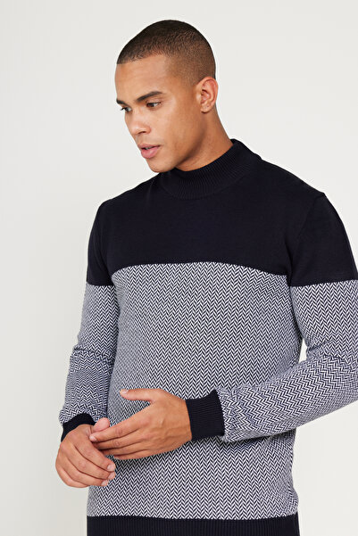 ALTINYILDIZ CLASSICS Πλεκτό πουλόβερ με μοτίβο με μισό ζιβάγκο, κανονική εφαρμογή, κανονική εφαρμογή, μπλε ναυτικό-κρεμ