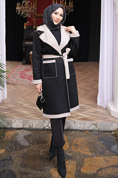 İmajButik Black Double-Breasted Collar Fur Lined Suede Coat