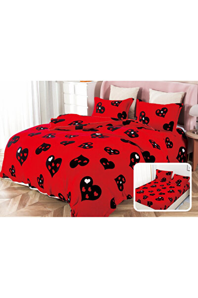 trendyhome Double Bed Linen with Elastic, Fluffy Cocolino Material, Hearts, Red/Black, i14033-Elastic