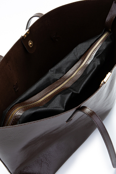 minebag Faux Leather Stand Handle Bag with Metal Accessories Brown