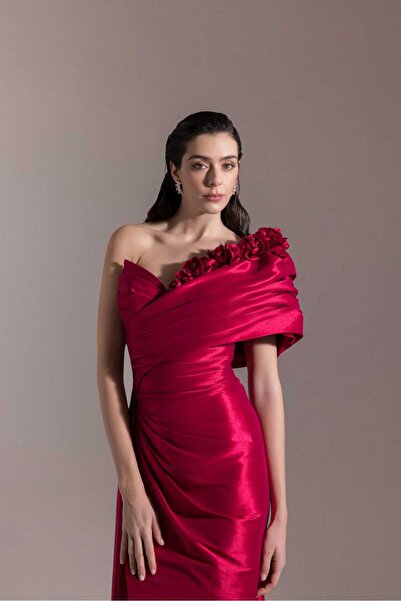 Kenzel One Shoulder Floral Applique Satin Evening Dress – Draped and Slit Det...