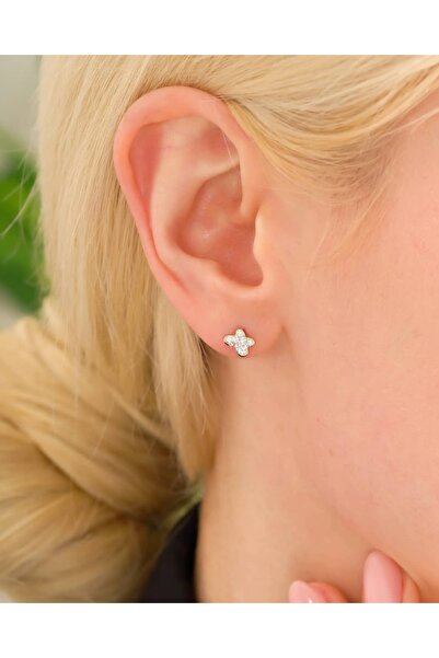 YCL JEWELLERY 8 Ayar Altın Yonca Zirkon Taşlı Küpe