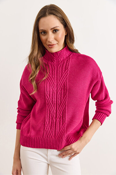 Olalook Women's Fuchsia Mock Neck Mid-Hair Braided Knitwear Sweater Kzk-19000912