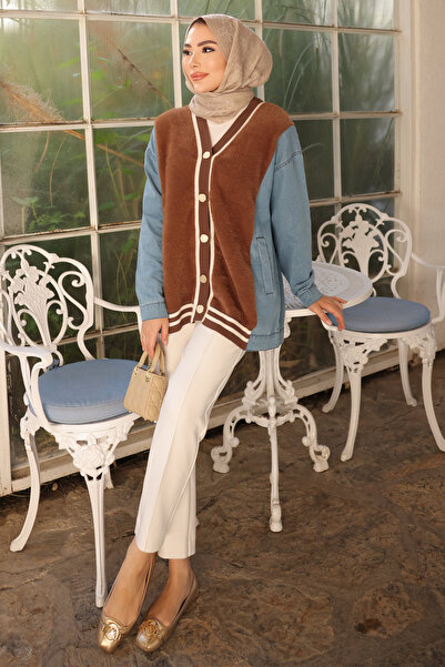 İmajButik Brown Denim Paneled Soft Angora Cardigan