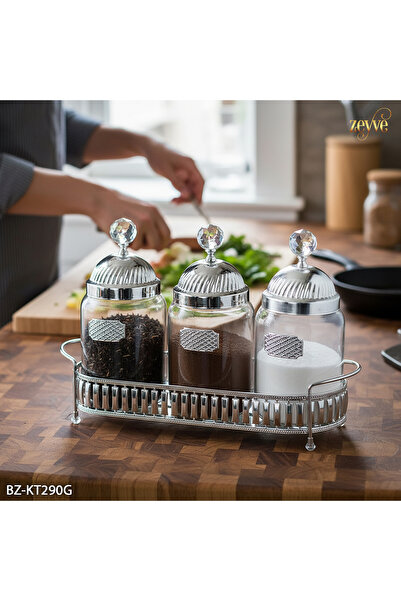 Hinora Hürrem Model Triple Glass Tray Spice Rack Set 33X23X11Cm