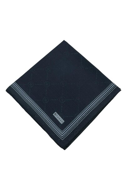 Vakko Cotton Silk Scarf - Monogram with Border - Dark Navy