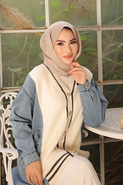 İmajButik Κρεμ κοτ συνδυασμός υφασμάτων Μαλακή ζακέτα ανγκόρα