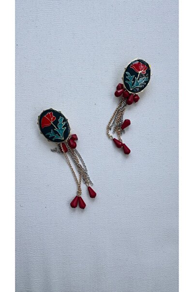 popcouturetr Kırmızı Zincir Detaylı Etnik Küpe