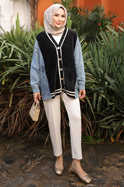 İmajButik Black Denim Paneled Soft Angora Cardigan