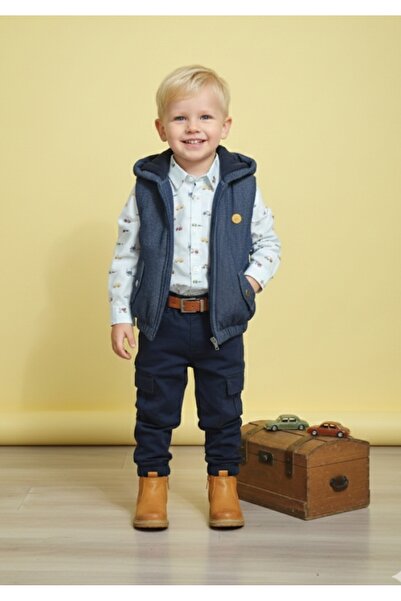 Bebüş Boy's Hooded Denim Vest Woven Shirt Elastic Waist Elastic Leg Linen Pants Set