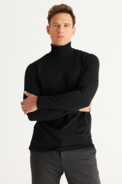 ALTINYILDIZ CLASSICS Black Standard Fit Regular Cut Full Turtleneck Knit Sweater