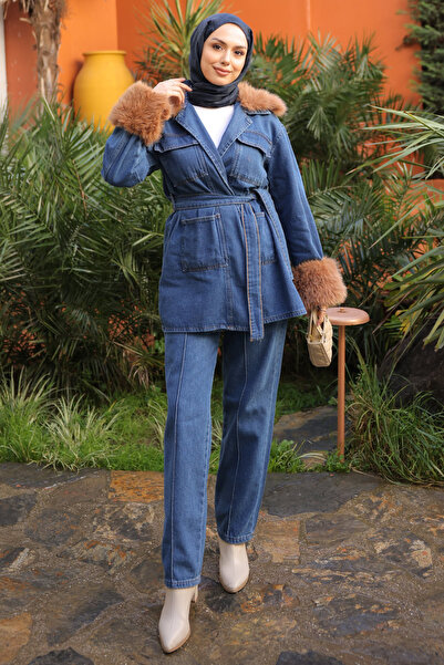 İmajButik Dark Blue Sleeve Collar Fur Denim Jacket Pants Set