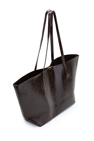 minebag Faux Leather Stand Handle Bag with Metal Accessories Brown