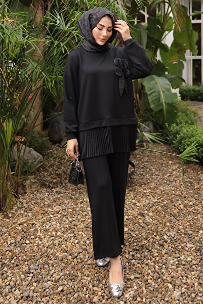 İmajButik Black Hem Pleated Tunic Trouser Suit