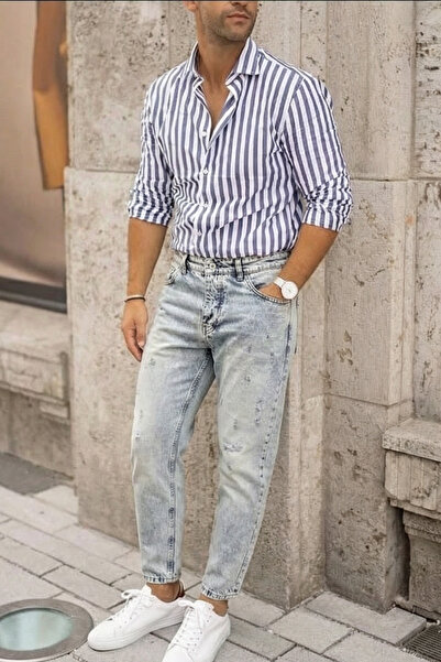 MADZEYMODA Men's Boyfriend Fit Snow Wash Denim Ripped Detail Jean Denim Pants Bf-499