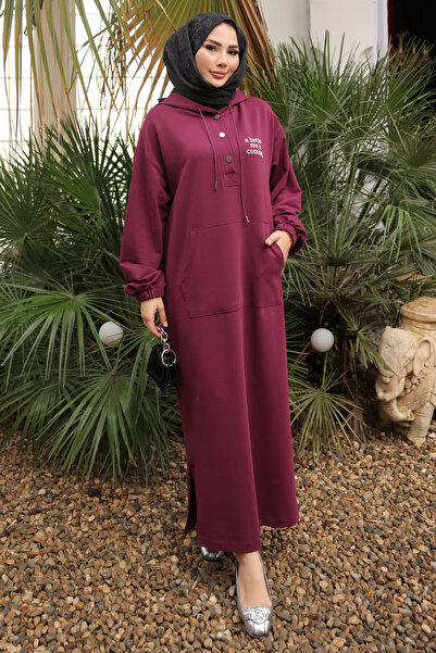 İmajButik Mürdüm με τύπωμα με κουκούλα Φόρεμα με δύο κλωστές