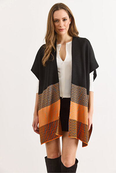 Olalook Women's Black Zigzag Patterned Poncho Cardigan Hrk-19000422