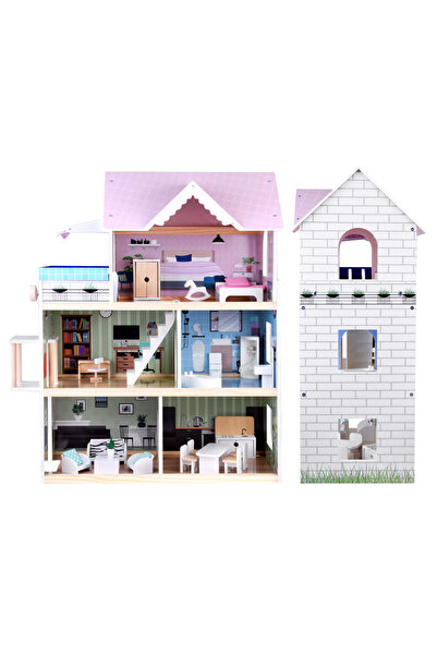 Jokomisiada Children's dollhouse made of wood, with 3 floors and 5 spacious, fully equipped rooms