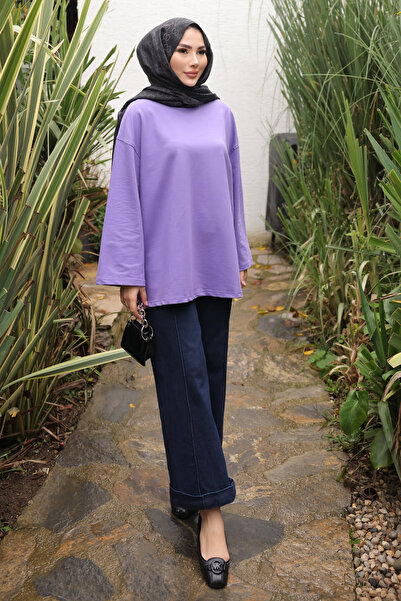 İmajButik Μωβ μπλούζα με λαιμόκοψη oversized από χτενισμένο βαμβάκι