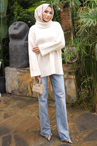 İmajButik Πουλόβερ με ζιβάγκο σε κρεμ χρώμα, χαλαρό πλεκτό πουλόβερ από ανγκόρα