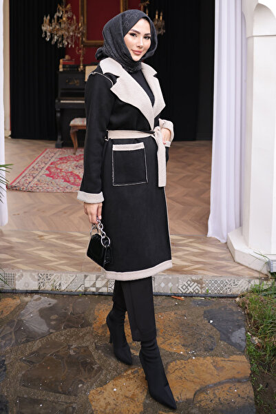 İmajButik Black Double-Breasted Collar Fur Lined Suede Coat