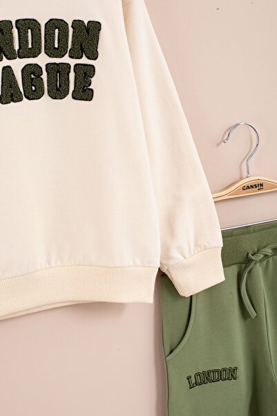 Cansın Mini Χακί Κεντημένο με Κεντήματα Αγορικό Σετ Φόρμας με λαιμόκοψη 23396