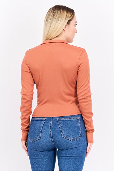 Poof Women Spread Collar Long Sleeve Textured Top, Rust