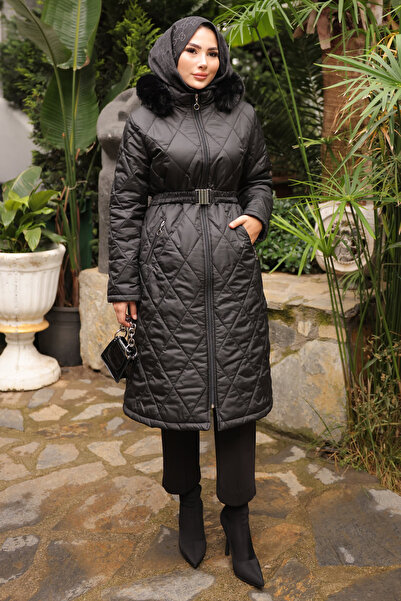 İmajButik Black Hooded Zipper Quilted Jacket