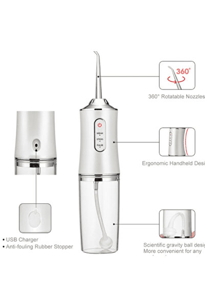 CRM Portable Oral Irrigator CRM, White, 3 Pressure Levels, 4 Nozzles, USB, IPX7, 220 ml