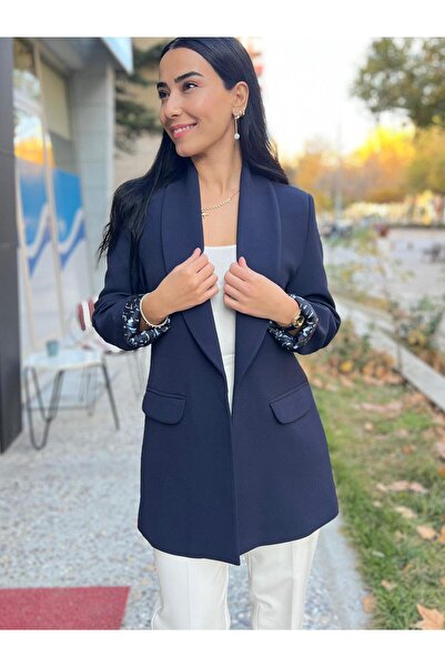 Becca Boutique LACİVERT ŞAL YAKA İÇ ASTARI DESENLİ BLAZER CEKET