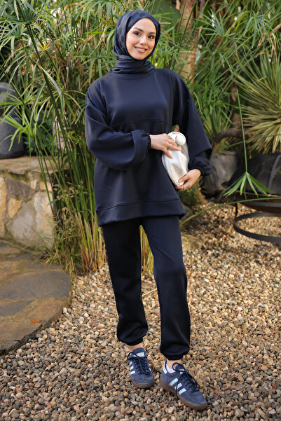 İmajButik Dark Navy Blue Embroidered Tunic Trouser Suit