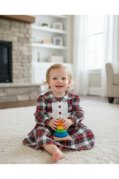 My Lusa Baby Defne 2 Series Girls' Plaid Dress – Cotton Ruffled Collar Baby Dress 9-24 Months